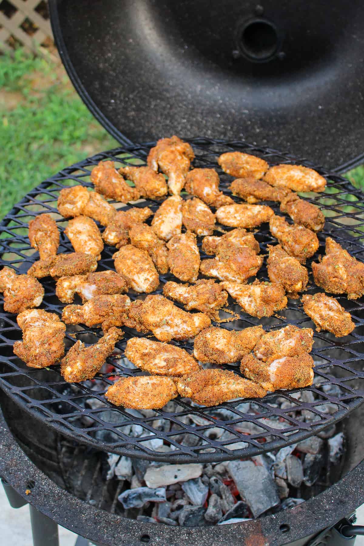 uncooked chicken on a grill overhead