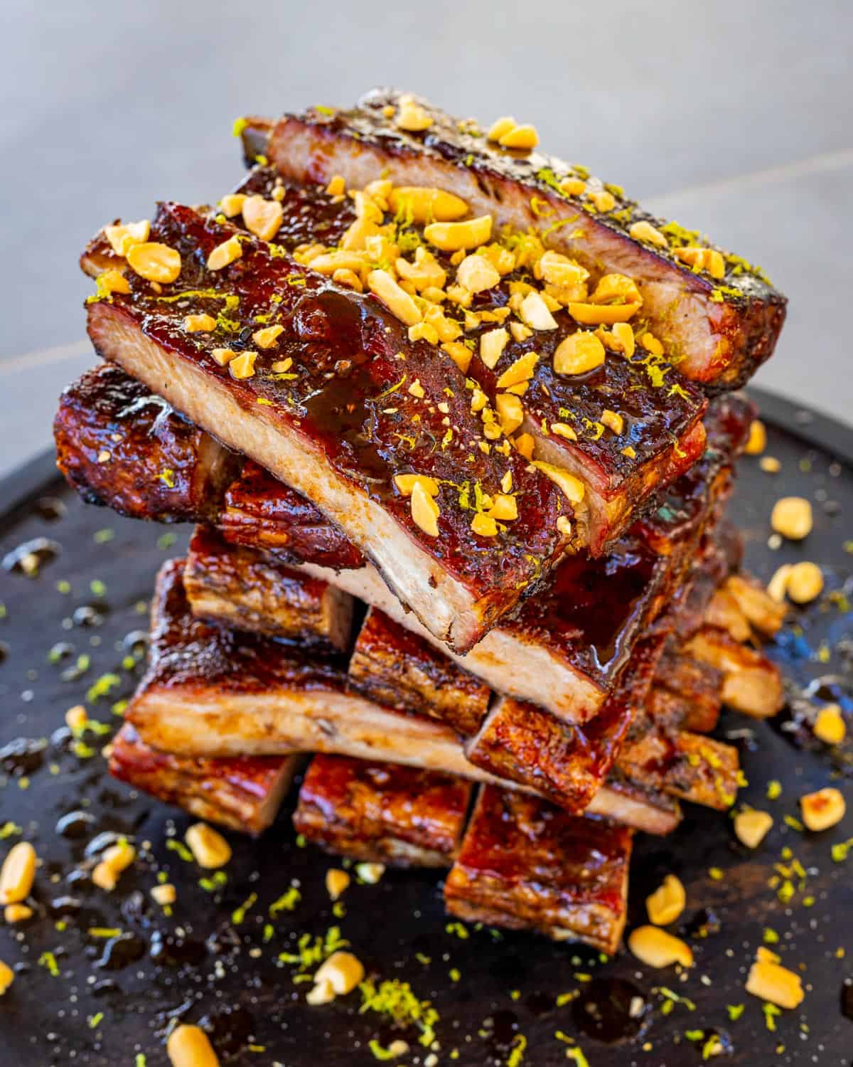 The Cherry Cola Spare Ribs sliced, stacked and served.