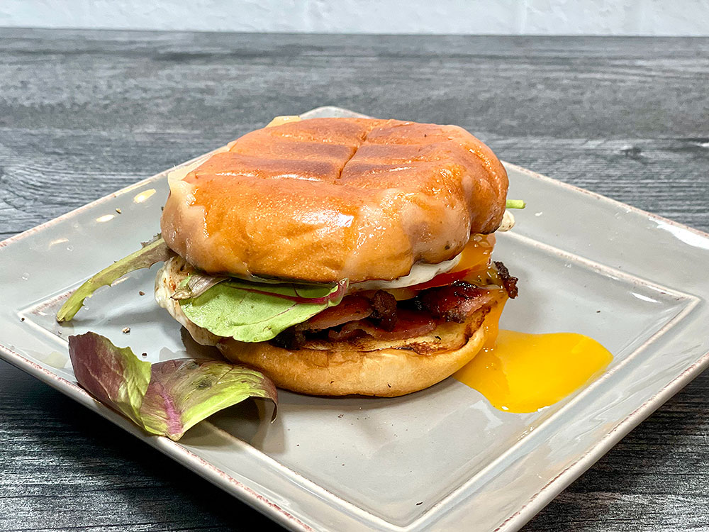 Fried Egg and Pastrami Bacon Breakfast Sandwich