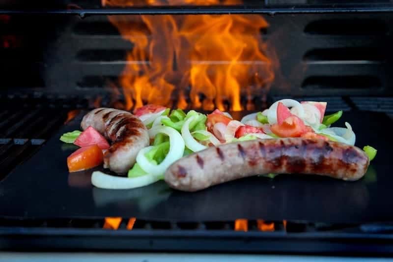 grilling sausages and veggies