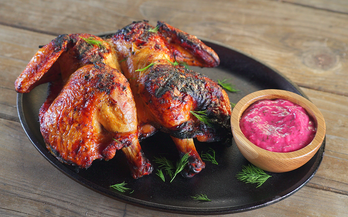 Tabaka Chicken with Rhubarb Tkemali (Georgian Salt Slab-Grilled Chickens)